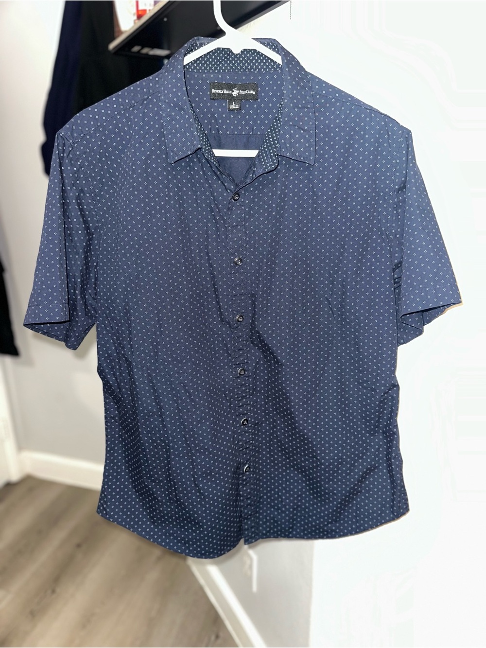 Beverly Hills Polo Club Navy Short-Sleeve Button-Up with White Microdots